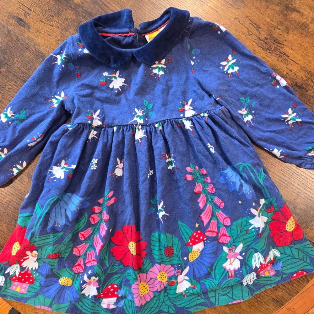 Mini Boden Girls Blue Fairy Garden Jersey Dress Velvet Collar 4-5Y 110cm